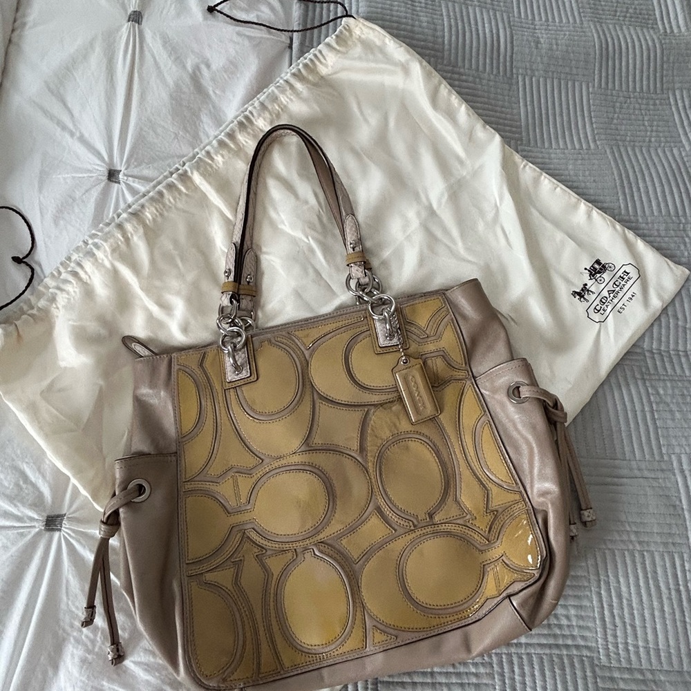 Coach Taupe and Yellow Patent Signature Tote